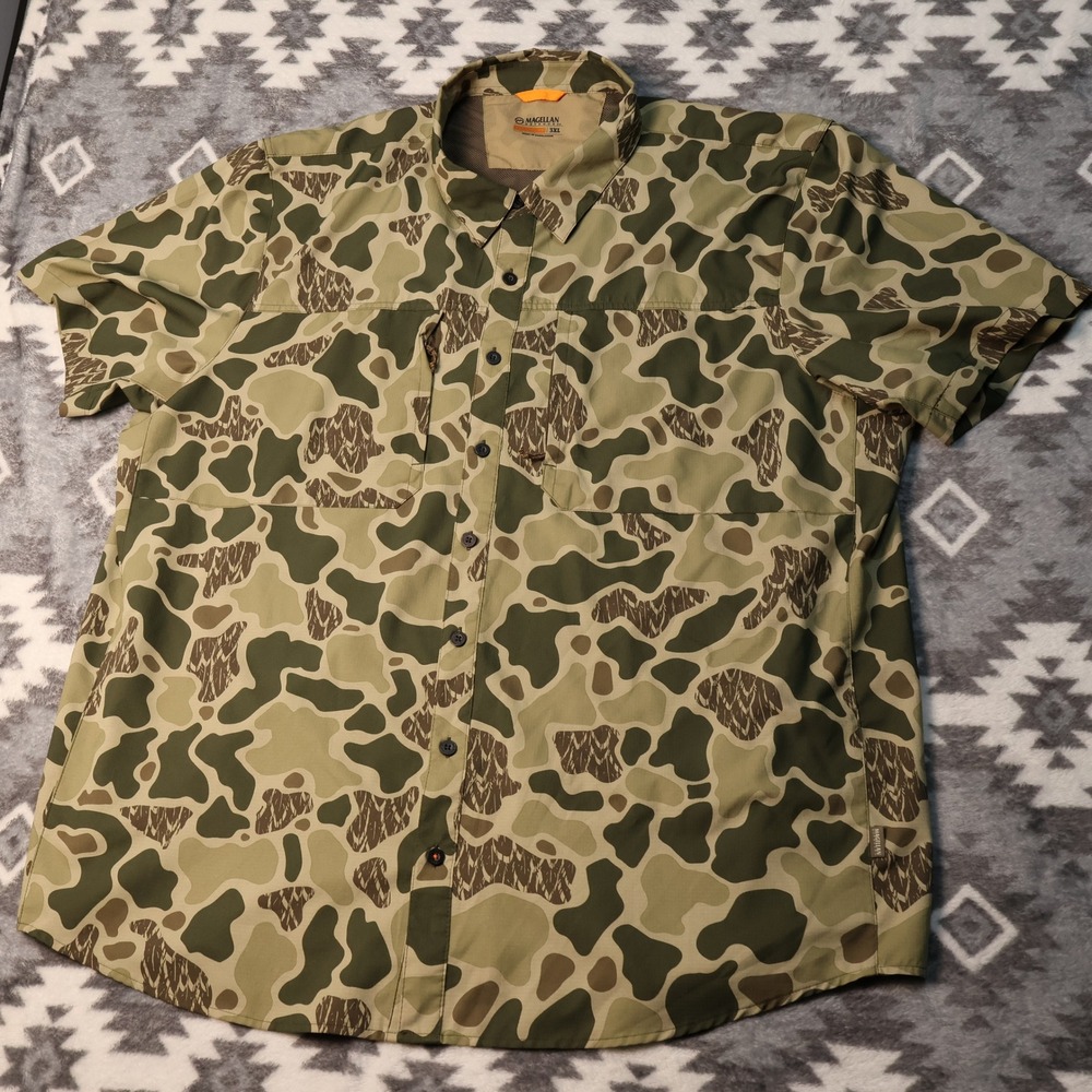 Magellan Outdoors Hunt Gear Camo Shirt Mens 3XL Short Sleeve Button Down Green